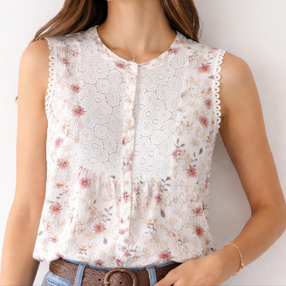 Liz Claiborne Boho Floral Lace Sleeveless Blouse - Pink & White - Size M